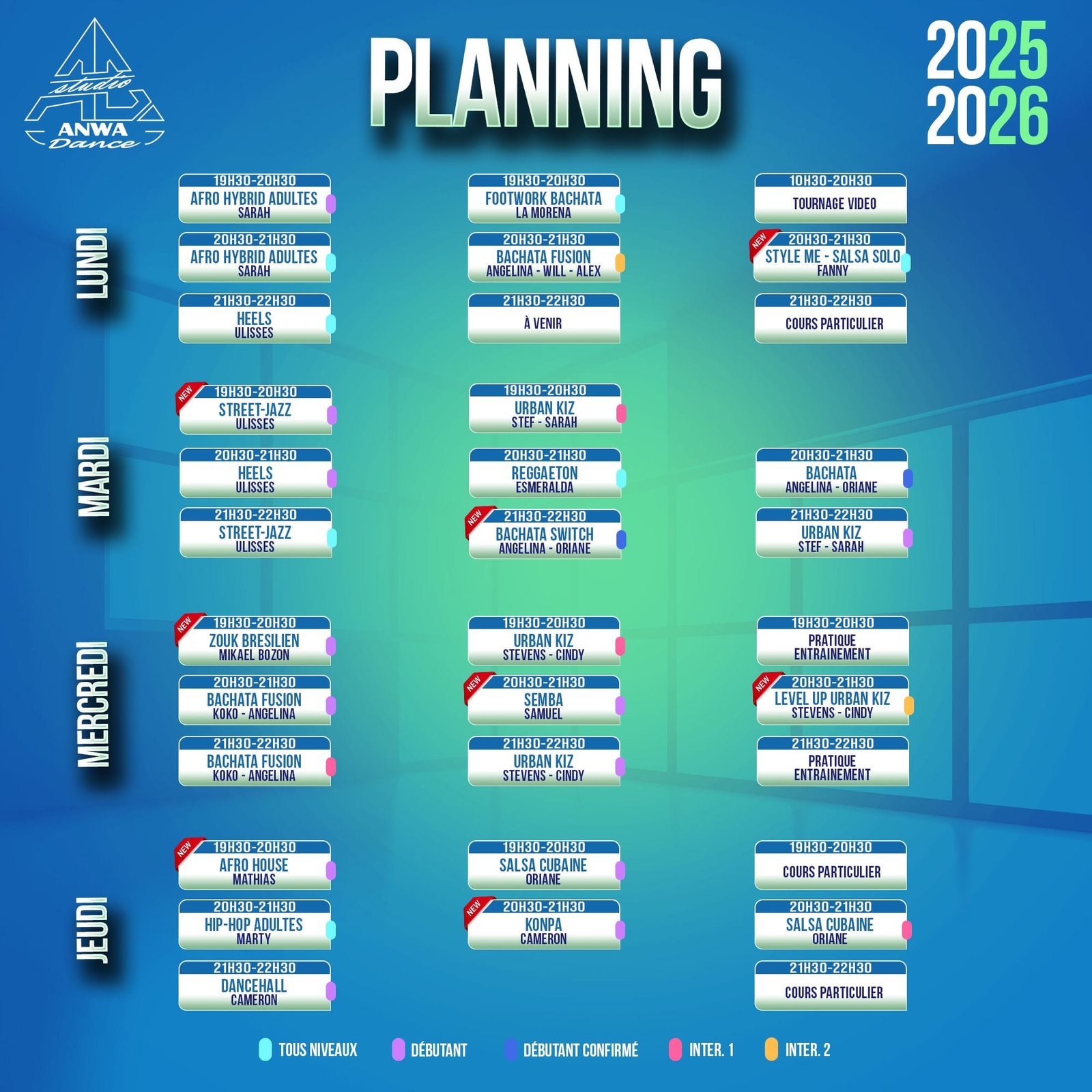 planning 2025-2026, anwa dance, salsa, bachata, kizomba, urban kiz, hip hop, heels, afrohybrid, afrohouse, dancehall, semba, konpa, zouk brésilien osny, cergy, val d'oise, pieerrelaye, taverny