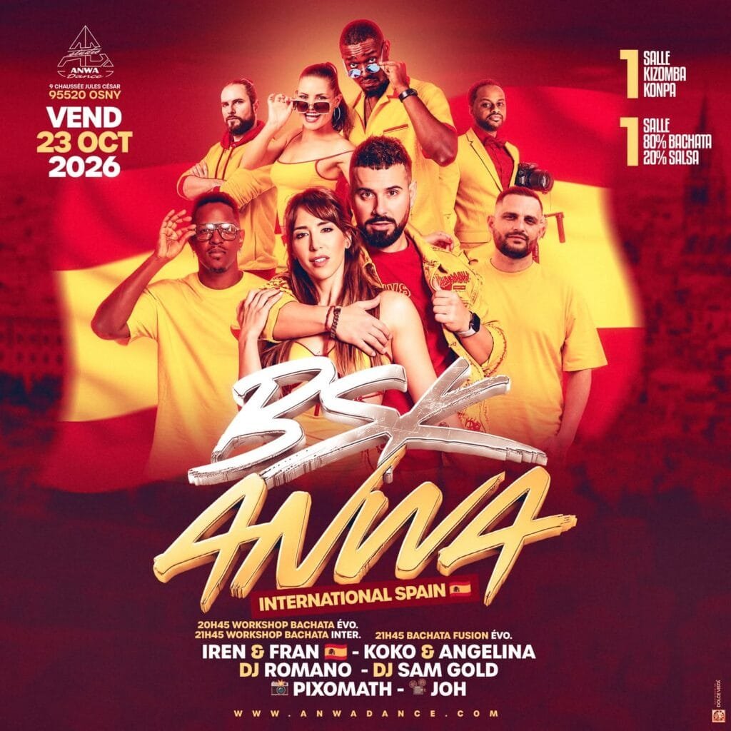 Affiche BSK Anwa International Spain : workshops et soirée le vendredi 23 octobre 2026 au Studio Anwa Dance à Osny, avec Iren et Fran venus d'Espagne.
